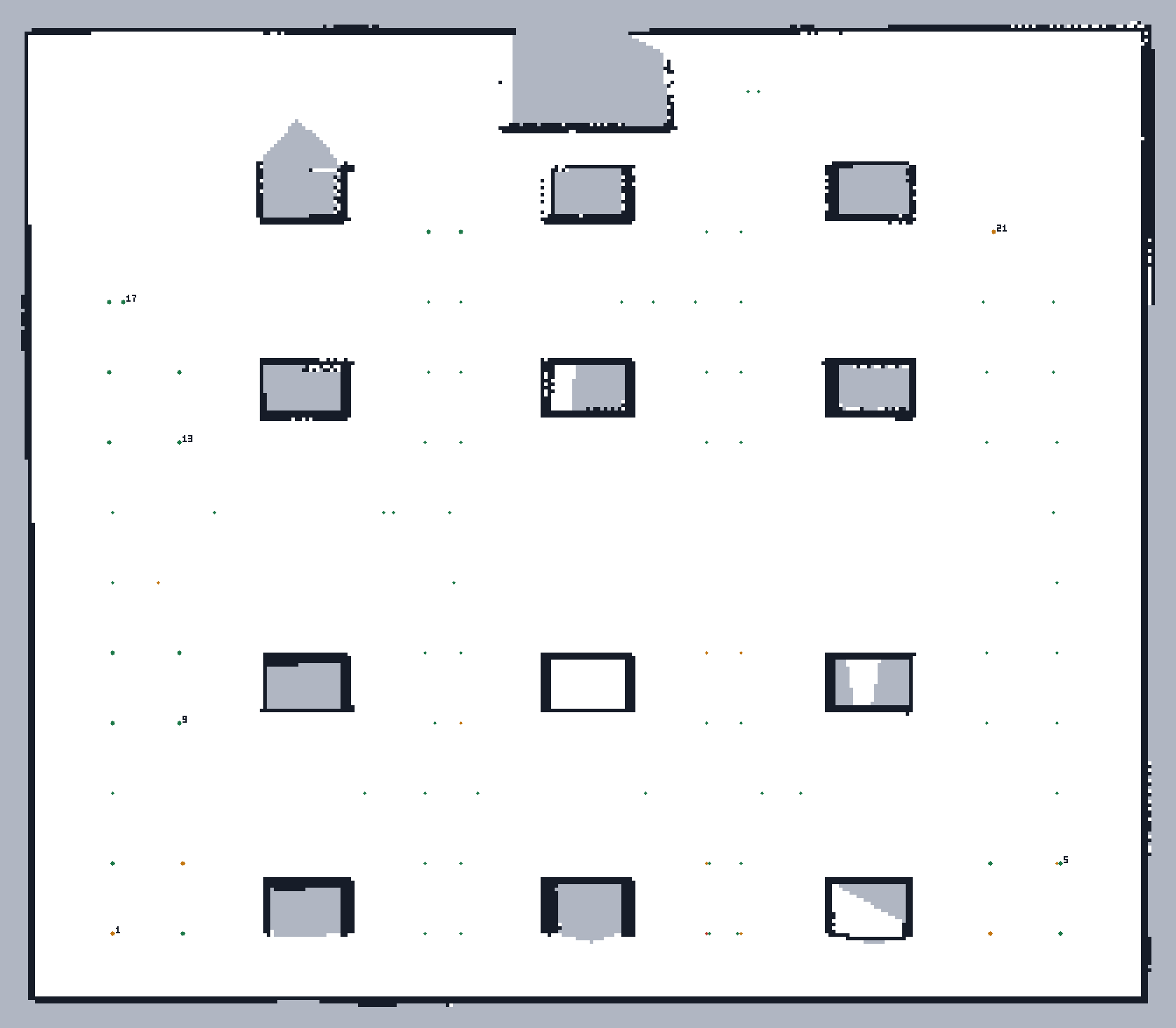 Map of the classroom world with a dense grid of waypoints across every row of desks, coverage-aware patrol.