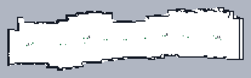 Map of a narrow corridor with waypoints spread along its centreline, coverage-aware patrol.