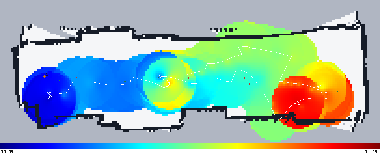 Heatmap of temperature overlaid with the calculated route and the actual SLAM trace from a real run.