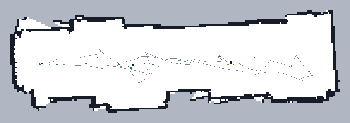 Occupancy grid map with waypoints coloured by outcome from a real hardware run.