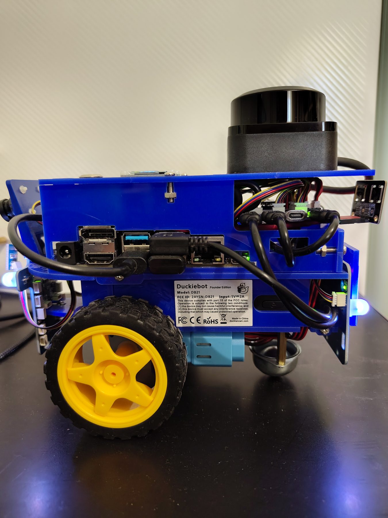 The DB21 Duckiebot with the added RPLIDAR and environmental sensor mounted on the rear.